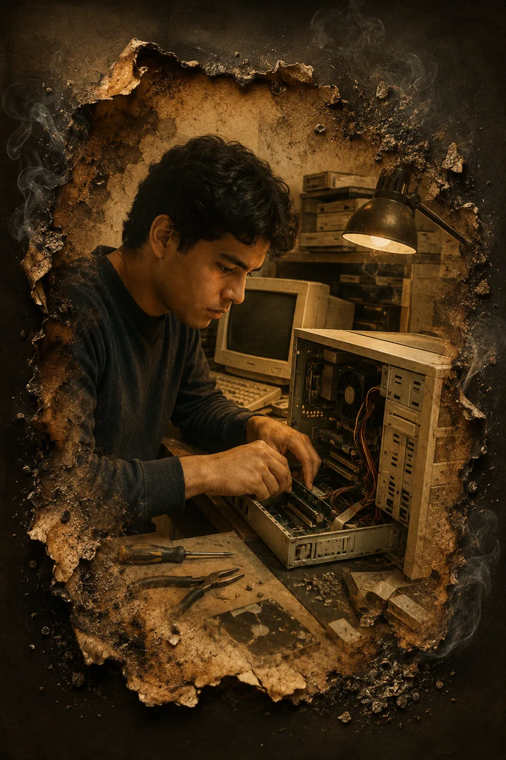AI-assisted illustration of a technician diagnosing and repairing a desktop computer.