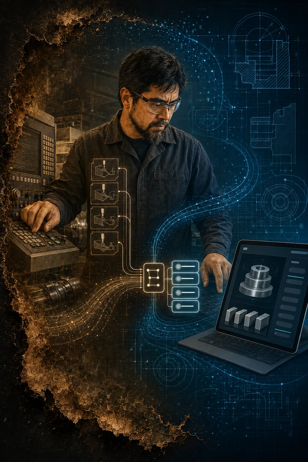 AI-assisted illustration connecting CNC machine code with practical software development.