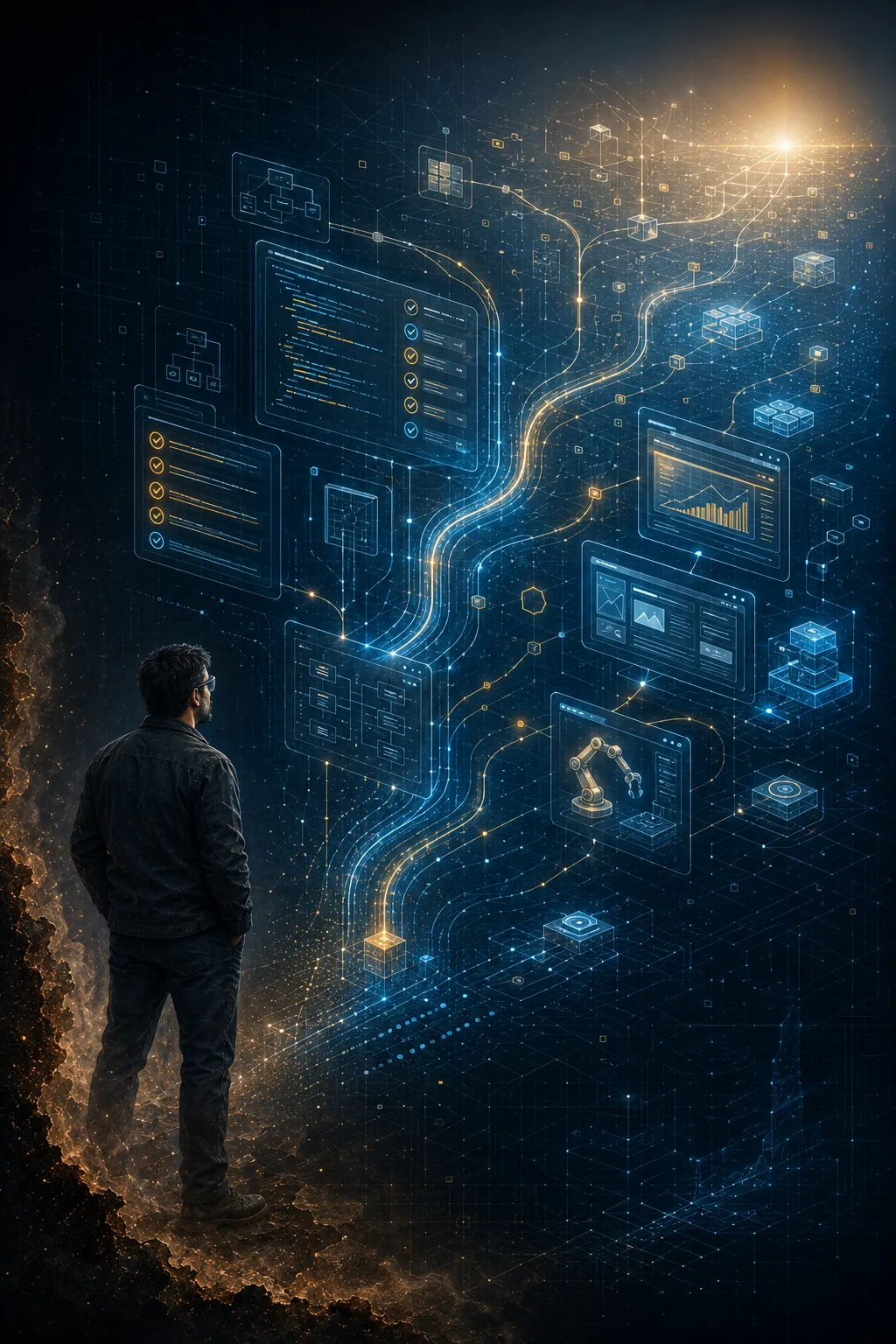 AI-assisted illustration of a software builder directing AI while improving technical systems.